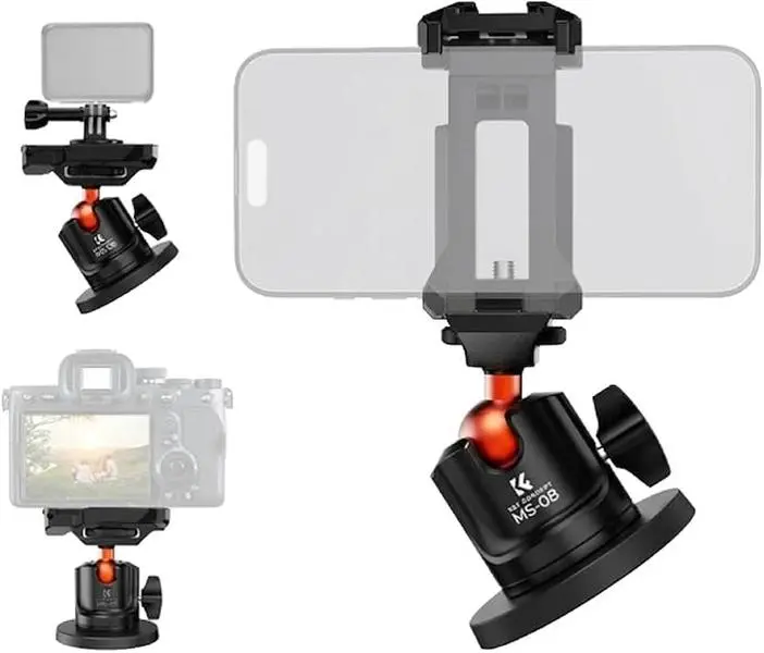 K&F Concept Iron Metal Magnetic Camera Mount with 360° Ball Head, Action Camera Equipment for GoPro Hero 13-9 Black, DJI Osmo Action 5-2/6, Insta360 X5/X4, Steel Surface & Car Attachment