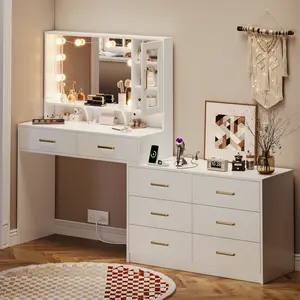 TOKSOM Large Vanity Desk with 3 Color Touch Screen Dimming Mirror,Vanity Desk with Charging Station,Modern Retractable Makeup Dressing Table,Vanity Table With storage shelves and 8 Sliding Drawers,White,Black