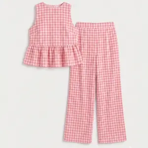 Women's Summer 2-Piece Outfits Gingham Plaid Crew Neck Sleeveless Peplum Top & Wide Leg Pants Lounge Set#Outdoor fun