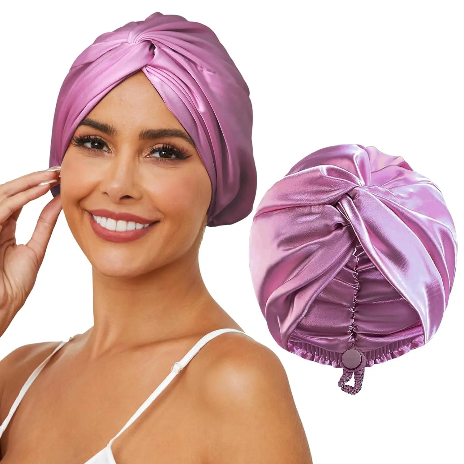 Adjustable Silk Satin Hair Bonnet for Sleeping, Double Layer Hair Wrap Sleep Cap Turban for Women Men, Curly Straight Hair Long Large Braid Unisex (Royal Deep Purple)