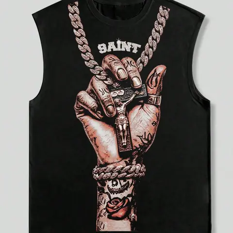 Men's Cross & Hand Graphic Print Tank Top, Tank Tops Workout, Loose Casual Fashion Sleeveless Vest, Sleeveless Tanks, Sleeveless Sports Tops for Daily Outdoor Wear, Men Clothes for Summer, Sleeveless Loose Design, Socks