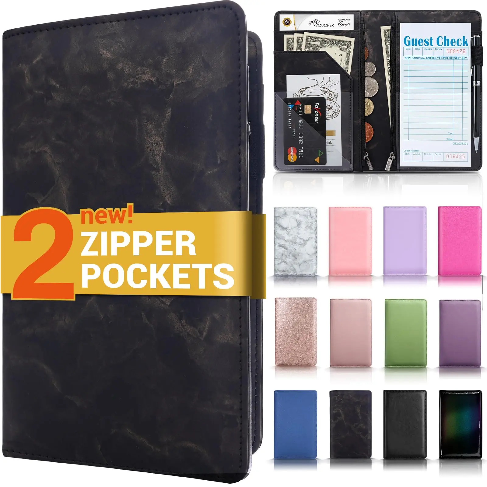 Server Book with 2 Zipper Pockets, Leather Server Books for Waitress, Waiter Book, Sturdy Waitress Book with Money Pocket and Zipper, Servers Book Waitress Accessories Server Apron, Marble