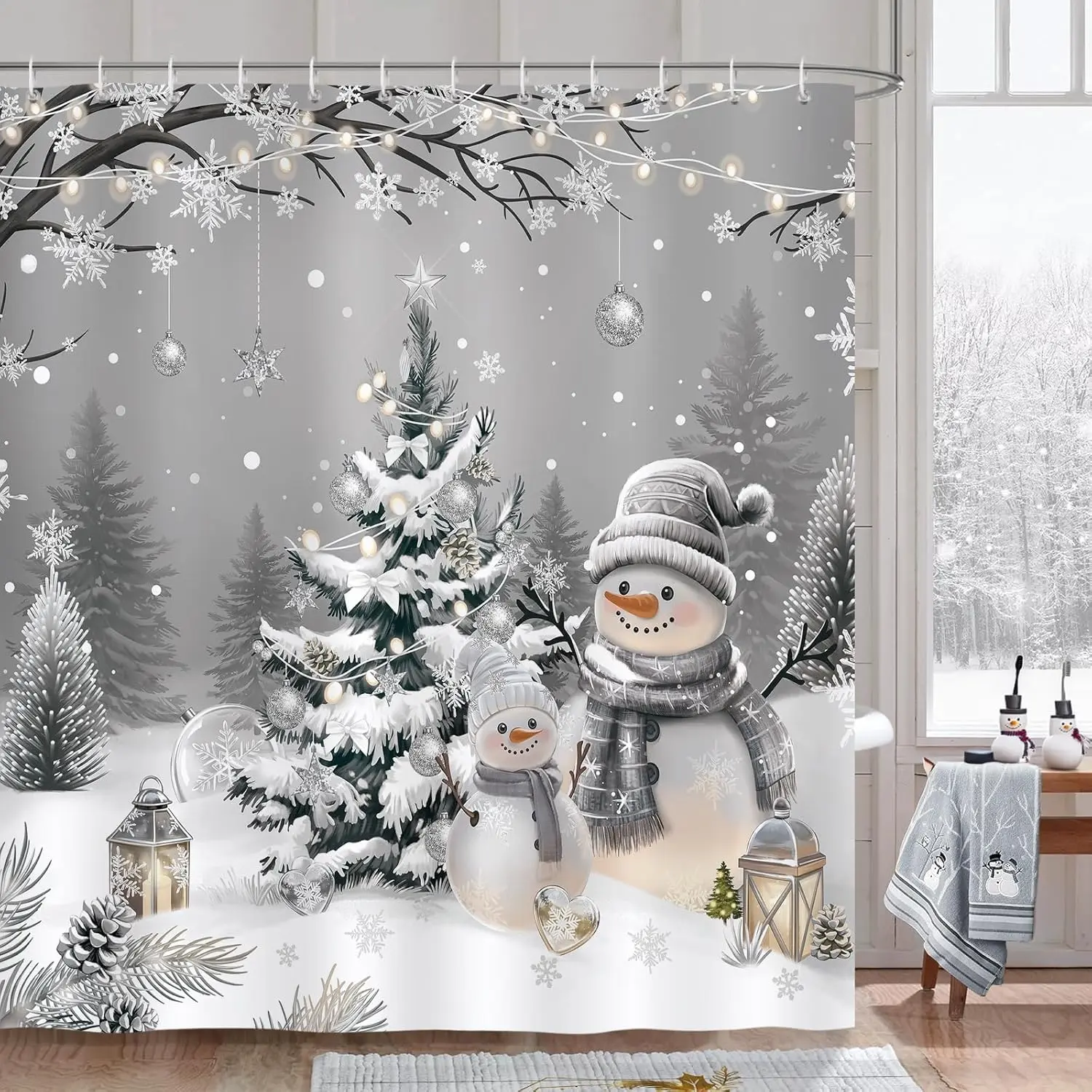 Winter Christmas Shower Curtain, Cute Snowman Xmas Tree Grey Snowy Forest Snowflake Bathroom Decor 72 x 72 Inch Polyester Fabric Waterproof Bath Curtain with 12 Hooks