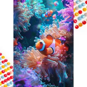 5D DIY Full Drill Round Diamond Painting - Diamond Painting Kit Clownfish, Sea Anemone Mosaic Canvas DIY Wall Art, Home Wall Decoration