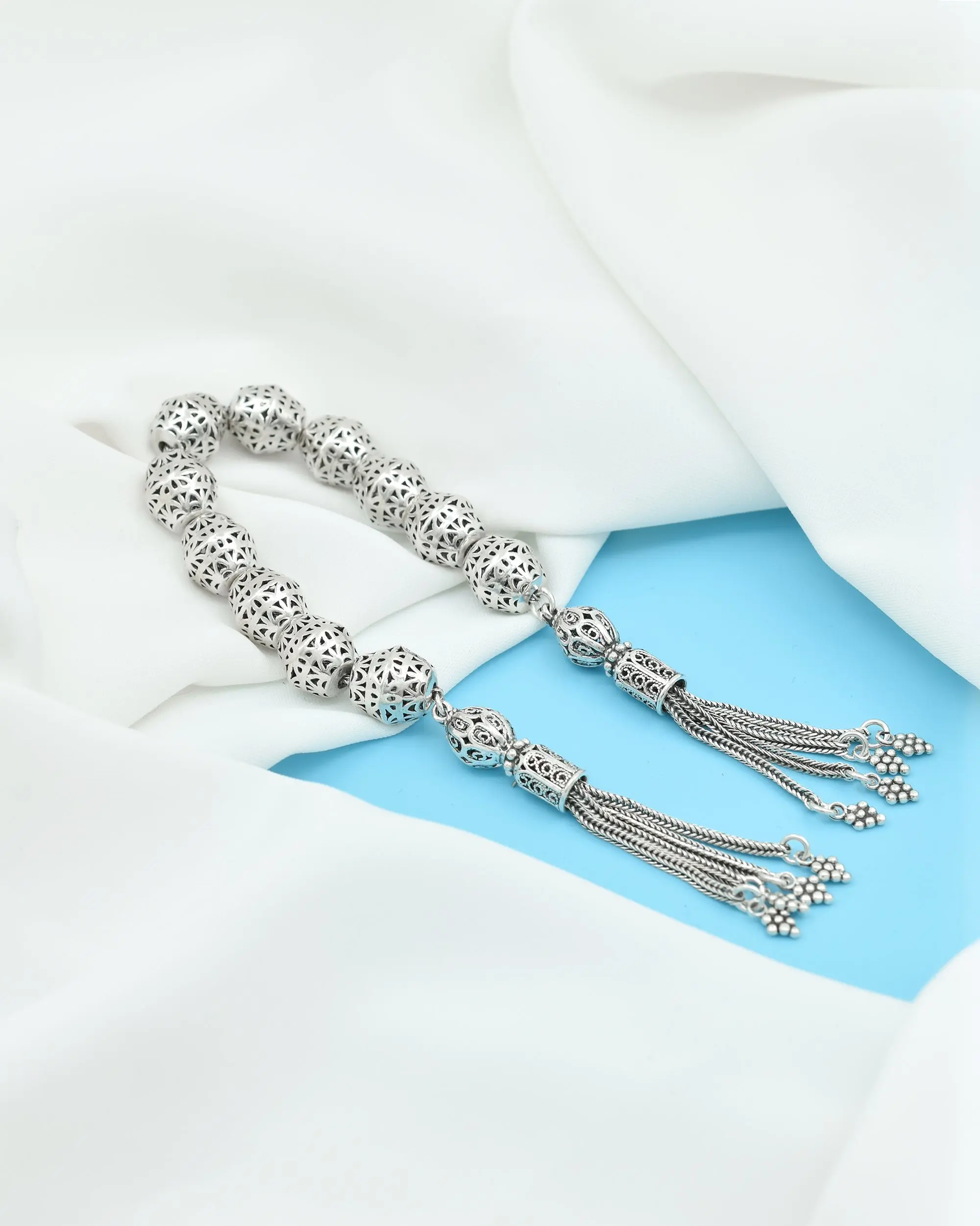 Sterling Silver Filigree Art 11 Pieces Lace Beads Stress Chain Tasbih