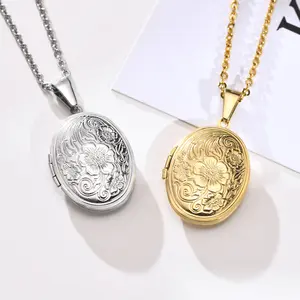 US-FASHION - Delicate Floral Oval Heart Locket Pendant Necklaces for Women,Stainless Steel Photo Frame Promise Love Keepsake Gift