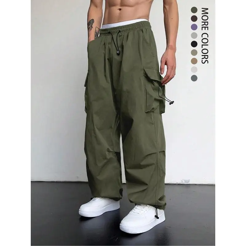 Men's Plain Pocket Drawstring Waist Cargo Pants Loose Casual Wide Leg Trousers Bottoms Spring for Drippy, Streetwear Comfort, Summer, Breathable, ModernStyle, SoftFabric, CasualStyle, AthleisureFit breezy athleisure