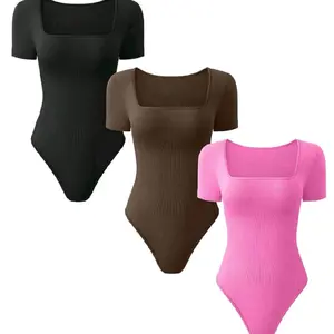 Women's Solid Square Neck Bodysuits Casual Curvy Short Sleeve Tummy Tuck Garment All Seasons Shapewear Waist Trainer Ladies Clothes