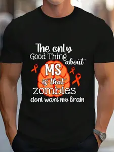 100% Cotton Multiple Sclerosis MS Awareness Zombies Don't Want My Brain Comfortable T-Shirt Women's Men's Graphic Tee Crew Neck summer vacation Tops