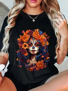 100% Cotton Unisex Dia De Los Muertos Mexican Sugar Skull Day Of The Dead Women T-Shirt