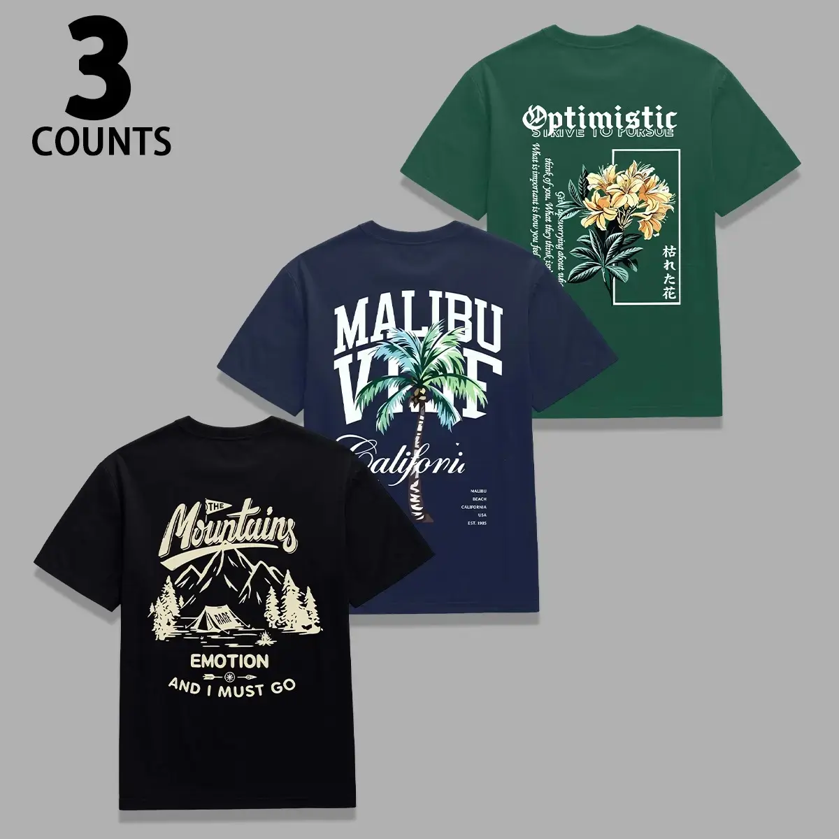 Men's 4-Piece T-Shirt Set, Loose Fit Casual Streetwear with Floral & Tropical Graphic Prints, Wrinkle-Resistant Round Neck Tops, Loose-Fitting, Short Sleeve
