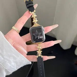 Elegant Alloy Star Embellished Watch Band Replacement, Adjustable Genuine Leather Strap for Apple Watch S11/s10/9/8/7/6/5/4/3, Fits 49mm-38mm