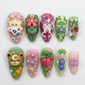 Kawaii Pokemon Garden Press On Nails | 3D Togepi, Bulbasaur, Sylveon Charms | Pink & Green Floral Aesthetic | Sweet Fun Mood | Almond Set, Nail Art Kit Nail Box