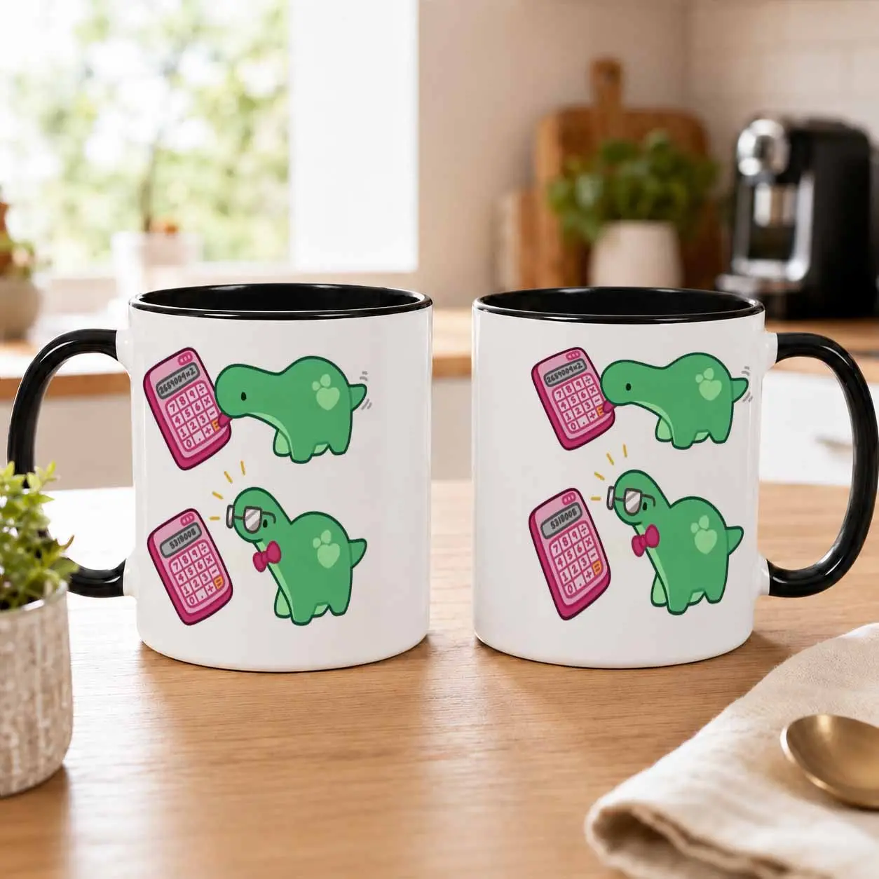 Cute Dinosaur Calculator Ceramic Mug (11oz/15oz)， Whimsical Dino Math Nerd Graphic Design， Durable Dishwasher Safe Premium Glossy Finish， Perfect For Office Desk， Academic Study Sessions， Accountant Gifts Or Daily Coffee Breaks.