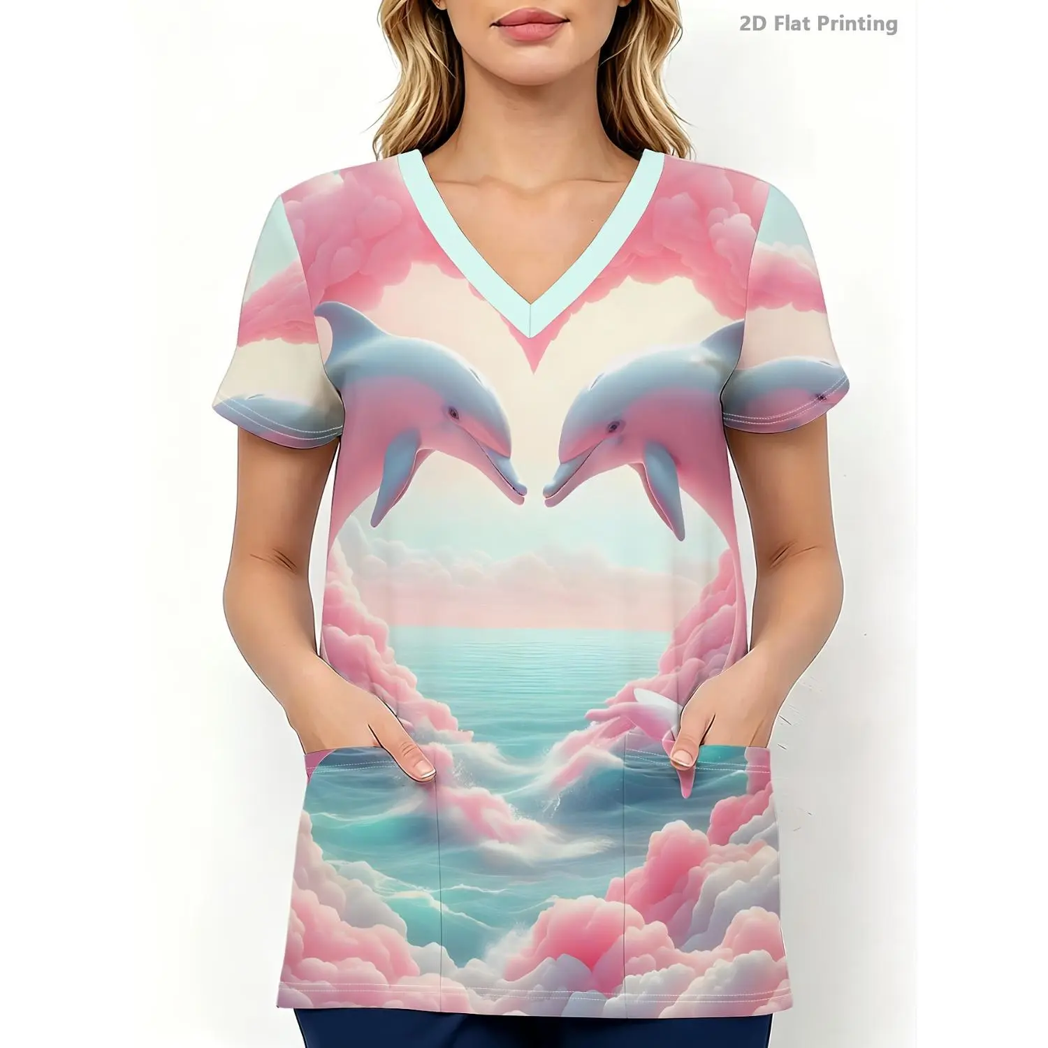 1pc Women's V-Neck Short Sleeve Top with Pocket Design, Fashionable Ladies' T-Shirt, Dolphin Element Pattern and Dreamy Pink Clouds, Showcasing Playful Elegance, Breathable and Machine Washable.