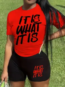 【Plus Size】 Letter Print Tee & Skinny Shorts Set, Casual Round Neck Short Sleeve T-shirt & Shorts, Women's Summer Clothes for Daily Wear, Suits, Matching Clothing Set