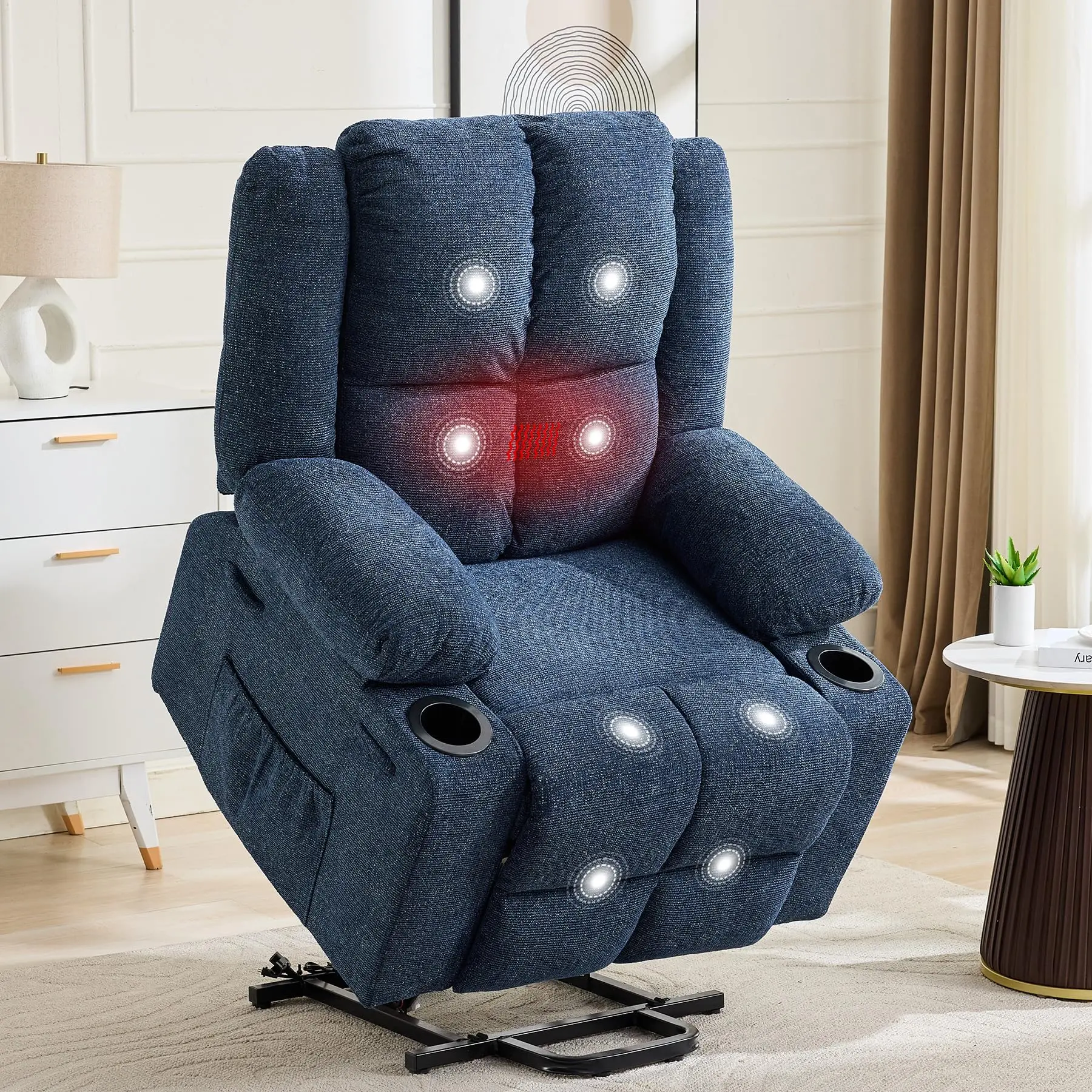Garvee Power Lift Recliner Chair with Massage and Heat, Oversized Stand Assist, 155° Adjustable Lay Flat Electric Recliner with 2 Cup Holders, Linen Upholstery, Dark Blue for Living Room Comfort