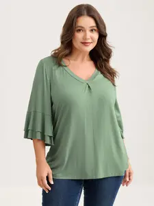 BLOOMCHIC Lady's Regular-Sleeve Pleated T-Shirt - Supersoft Spandex-Rayon Blend Fabric Garment Layered Ruffles Medium-Length Regular Fit Casual Minimalist Basic Blouse [M-6X] 2026 Summer Pick 2026 Summer Vibes