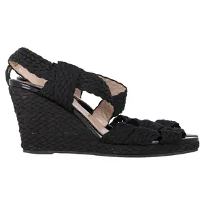 Pre-owned Salvatore Ferragamo Women's  Salvatore Ferragamo Espadrille Wedge Sandals in Black Straw by Rebag