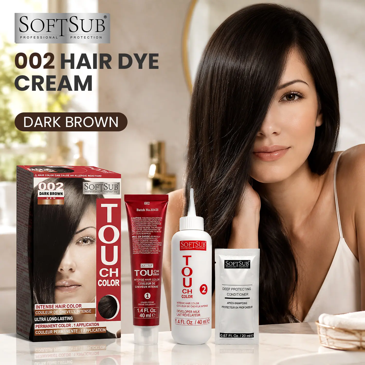 TOUCH COLOR 002 Dark Brown Permanent Hair Color Kit, Rich Natural Looking Color, Full Head and Root Touch Up, 3 Step 100 mL At Home Cream Dye, 1 Application