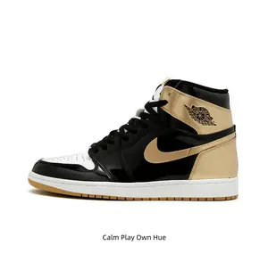 Luxury Metallic Gold Accent High Top Trainers Shiny Black White Spliced Patent Leather Shock Absorbing Vintage Gum Outsole Daily Walking Fashion Sneakers
