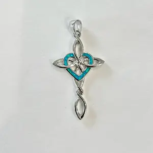 Sterling Silver 925 Knot Cross Lab Blue Opal Heart Pendant