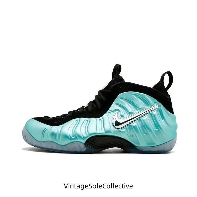 Retro curved silhouette sneaker with full metallic turquoise reflective surface, black inner lining balances the bright tone, milky translucent sole adds gentle layering, making it stand out in fashion short videos.