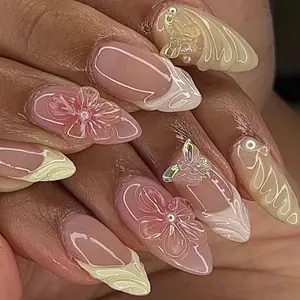 Charming medium almond full nail stickers with flower, butterfly and pearl ornament. Smooth glossy plastic material with retro artistic vibe. One-step wearing, perfect for home DIY manicure.