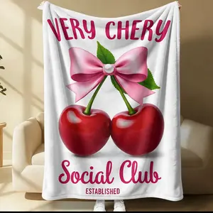 Bow Cherry Flannel Throw Blanket, Very Chery Social Club Print, Cozy Warm Fleece Blanket for Living Room, Gift for Girlfriend, Girls, Her
