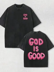 Couples Retro Washed Print T Shirt God Is Good Pink Text Oversized Round Neck Short Sleeve Loose Fit Straight Hem Graphic Tee