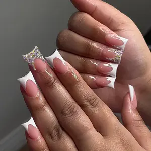 24pcs French Manicure Nail Tips with Rhinestones, Acrylic Press-On Nails Set with Jelly Glue and File, Perfect for Parties and Daily Wear, Fake Nails Kit