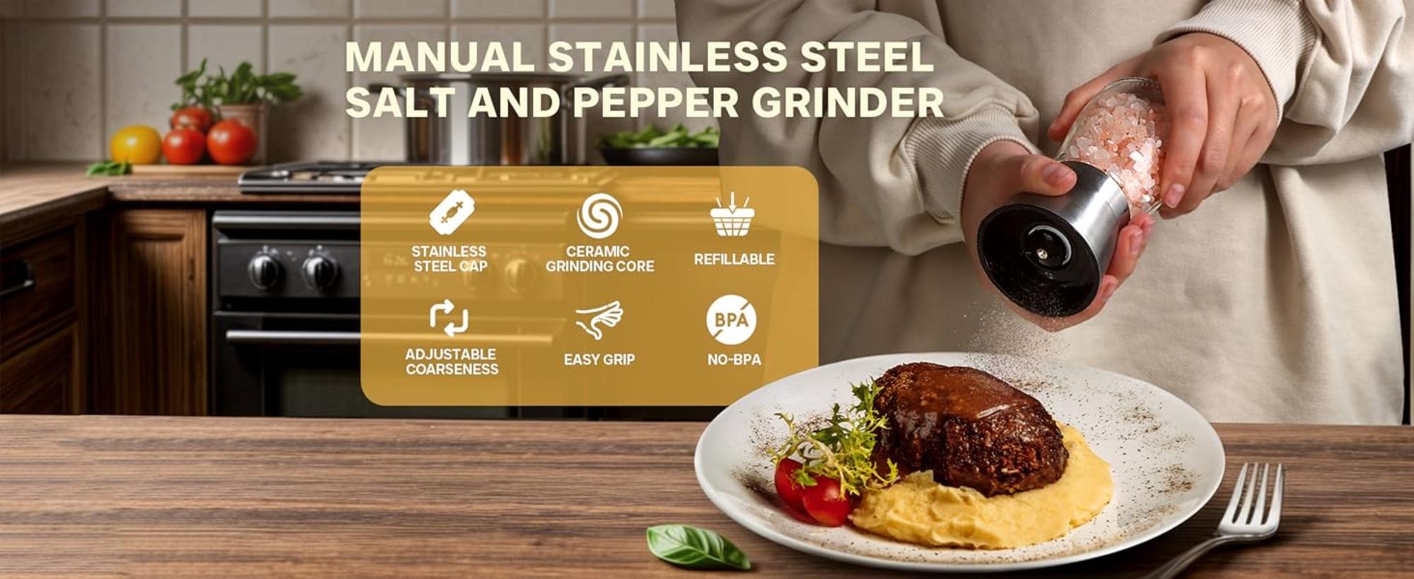 Bartans Manual kitchen Salt and Pepper Grinder Set Stainless Steel Cap Blades Shakers Easy Clean Ceramic Glass