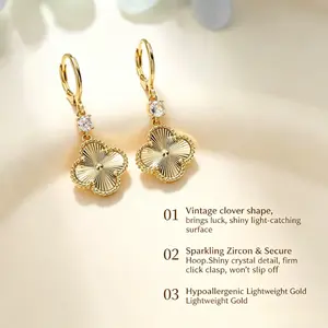 Women's Lucky Clover Gold Hoop Earrings, Dainty Micro-Paved Chic Clover Drop Earrings for Casual Outfits, Minimalist Small Business Jewelry Gift