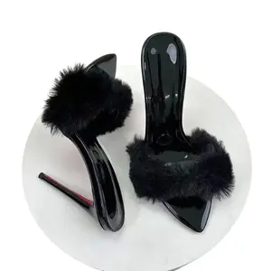 New 12cm Pointed Toe Stiletto High Heels Black PU Leather Summer Sandals with Fur Lining for Women Fashionable Walking Shoes Girl Footwear