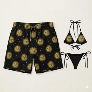 Cute Retro Sun Matching Couple Swimwear, Black String Bikini Set with Men’s Beach Swim Shorts for Summer Vacation