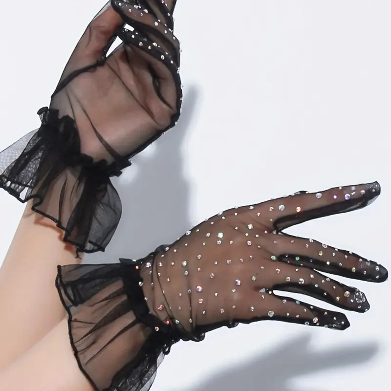 Women's Rhinestone Accents Mesh Gloves, Sheer Gloves, Sparkling Glove, Fashionable Gloves for Party, Daily Clothing Decor, Trendy All-match & Exquisite Gloves for Birthday Gift, Versatile Usage