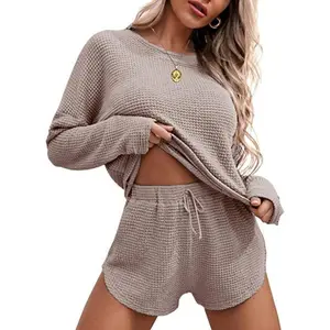 Women's Waffle Knit Pajama Set Long Sleeve Top and Shorts Matching Casual Set Loungewear Tracksuit Women's Linen Palazzo Pants Pajama Set