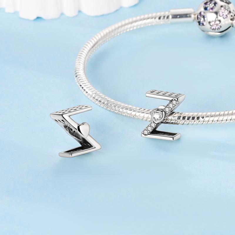MULA 925 Sterling Silver Letter Pendant for Pandora Bracelets – A-Z Letter Beads, Set with Sparkling Heart-Shaped Cubic Zirconia, Personalized Initials Jewelry, a Gift for Women and Girls.