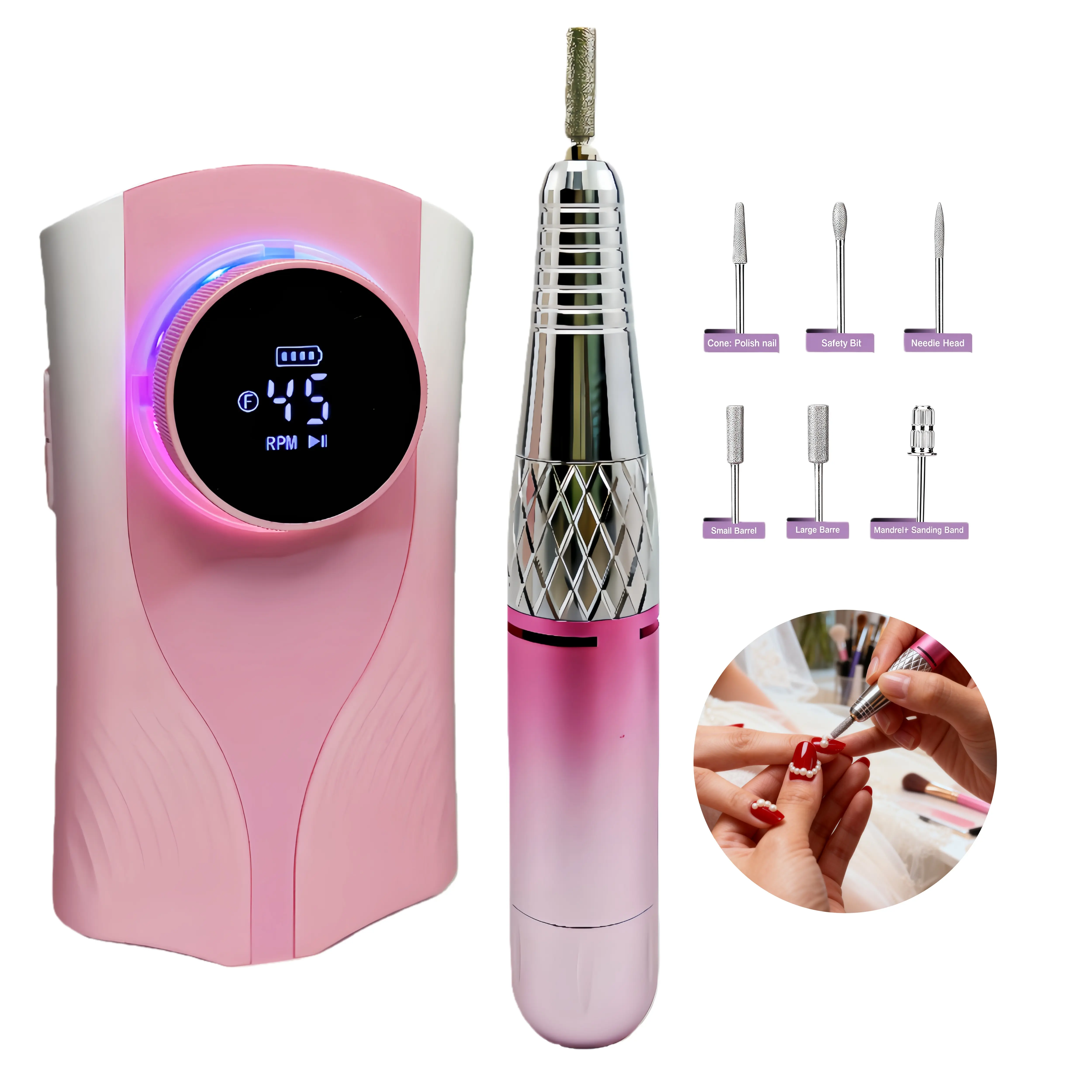 Pro Electric Nail Drill for Salon-Perfect Manicures at Home 30000 RPM 45 Speeds Cordless Gradient Pink Design Easy to Use Nail Art Accessories Nail Art Diy