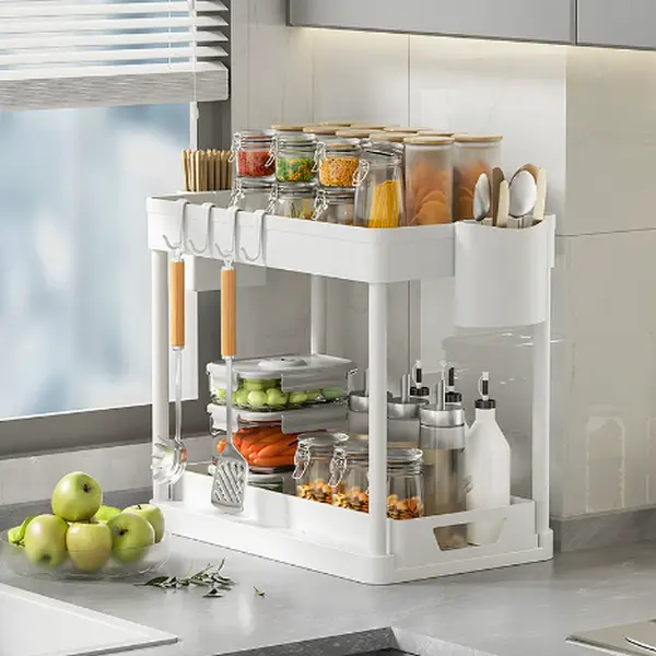 Multi‑functional kitchen counter organizer practical side hanging slots large storage space saves counter space for seasoning jars cutlery and cooking supplies