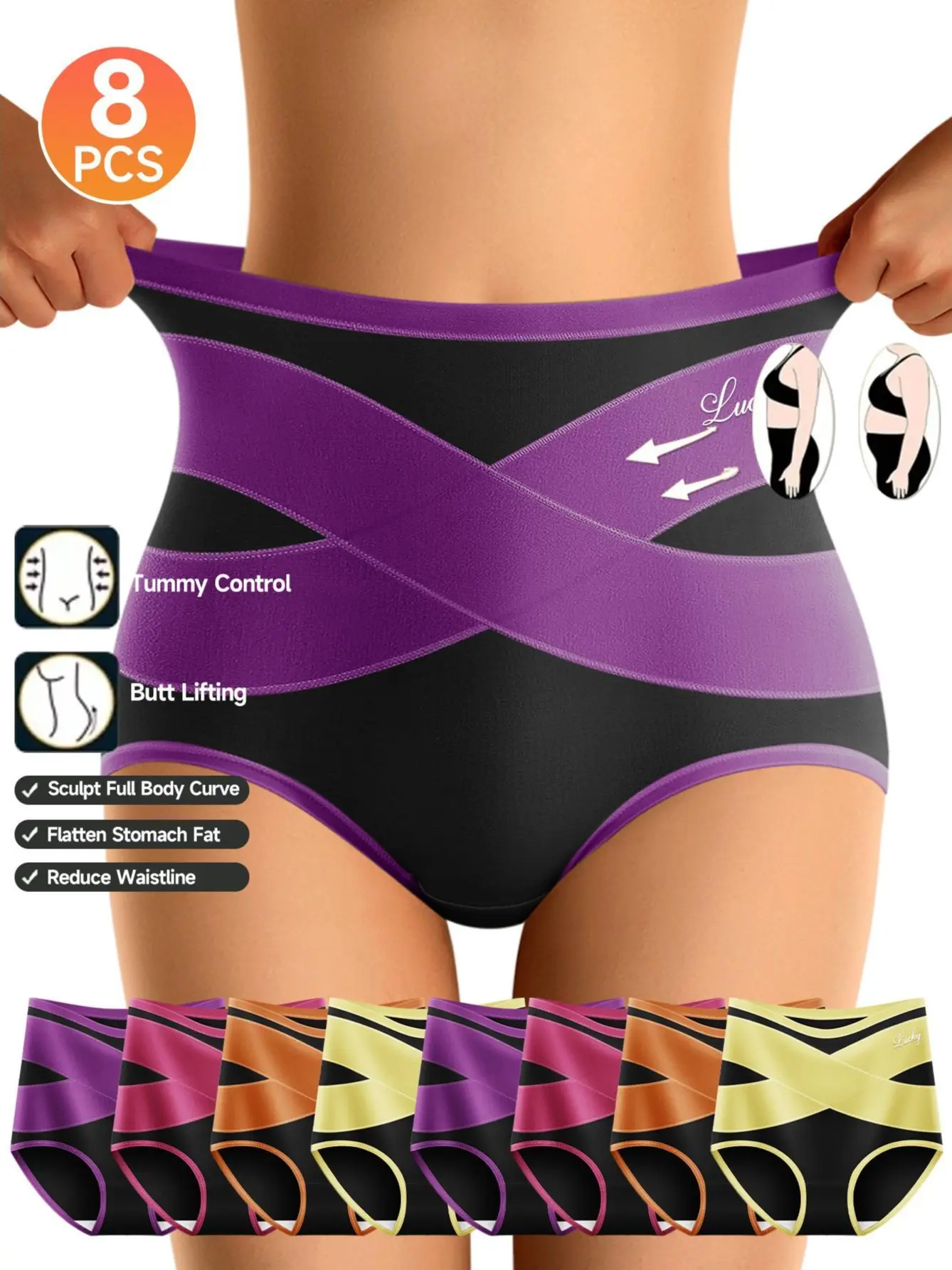 QUASTI 4/8PCS Women's High Rise Full Coverage Cross Strap Design Casual Panties Set, Breathable Lightweight Smooth Comfortable High Elasticity Tummy Control Stretchy Fit Hip Lifting Briefs Elegant & Fashionable Everyday Comfort Wear S-XXL