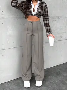 Elegant Plus Size Women's Plain Color All-Season Straight Leg Pants with Button Zipper, Casual Fitted Long Trousers for Everyday Wear