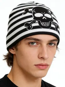 Street Style Striped Skull Bone Pattern Knit Hat Skull Beanie Hat, Autumn Winter Thick Warm Unisex Cold Protection Cap, Fashion Hats, Unique Fashion Accessory