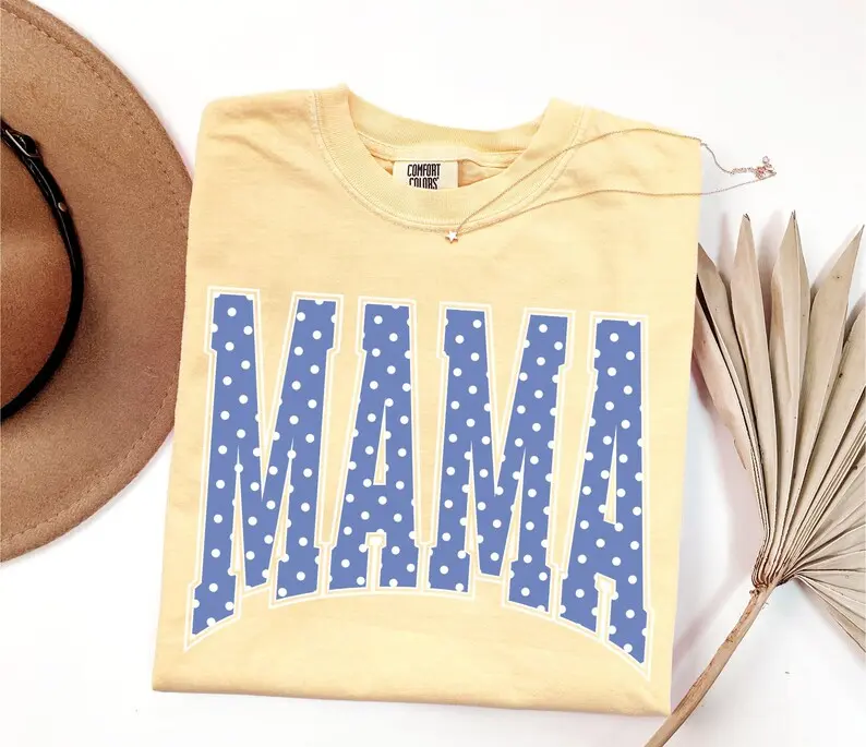 Comfort Colors Mama TShirt, Blue Polka Dots Mom Life Tee, Cottagecore New Mother Birthday T-Shirt, Cute Gift for Mom Summer T-shirt