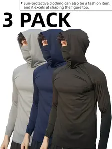 3 Pack Men's UPF 50+ Sun Protection Hoodies, Long Sleeve Moisture Wicking Shirts with Face Mask for Fishing