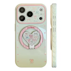 Glitter magnetic suction bracket for iPhone 16pro apple 17 mobile phone case girls high value 13 bow 15 Shockproof with Lens Protector
