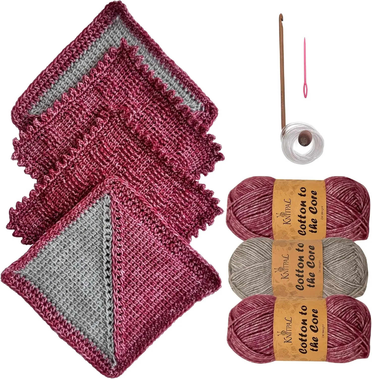 KnitPal Everyday Joy Tunisian Crochet Dishcloth Kit | Make 4 Reusable Dishcloths | DK Cotton Yarn, Tunisian Hook & Video Guide | Confident Beginner (Cherry Red + Elephant Gray)