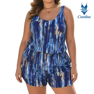 Women's Plus Size Novelty Print Romper Tankini Swimsuit (2xl-4xl) - 2026 Scoop Neck, Sleeveless, Faux Button Detail, Adjustable Straps, Elastic Waist, Side Pockets, Tummy Control - for Beach and Pool Activities