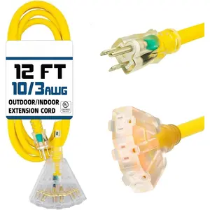 3-Outlets Indoor Outdoor Extension Cord with Lighted End, 3 Prong 15A Weatherproof Power Cord, 10 Gauge Heavy Duty 12 ft Yellow Extension Cord Multiple Outlets, 10/3 SJTW UL Listed