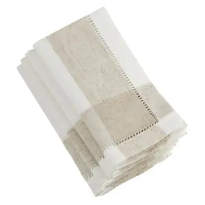 SARO  Hemstitch Table Napkins with Two Tone Design Ivory - Set of 4